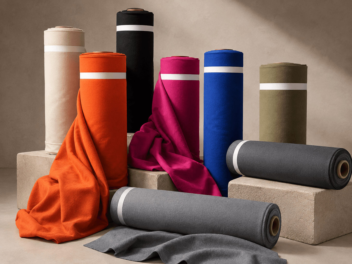 Rollos de tela en distintos colores apilados en el depósito